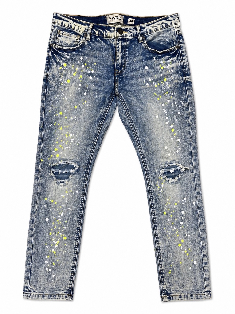 FWRD Men’s Paint Splatter Distressed Jeans 40x32 Slim Stretch Denim Streetwear